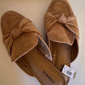 Tan Faux Suede Bow Loafer Mule
